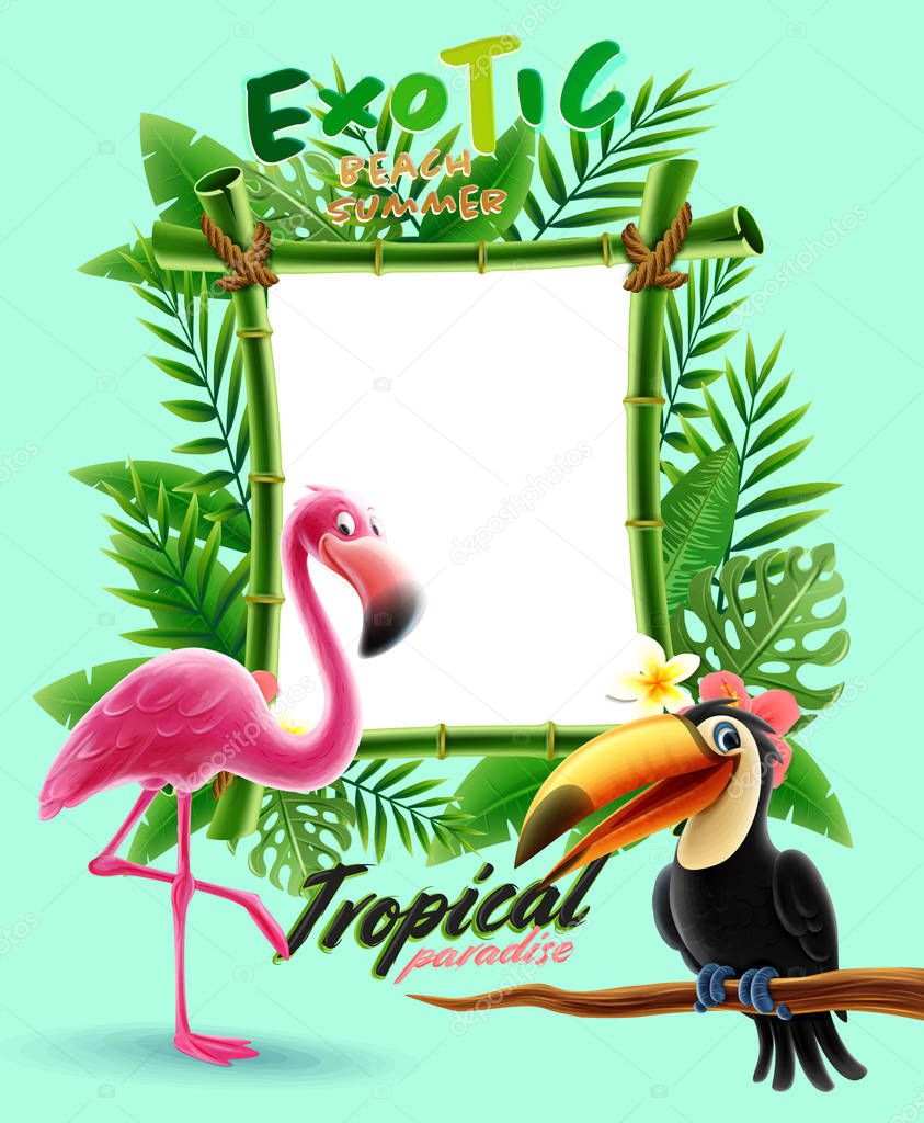 tropical frame made of exotic leaves, toucan and flamingo 