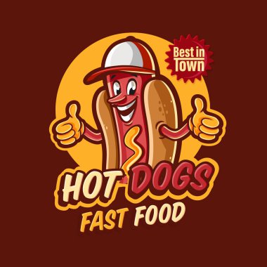Sosisli çizgi film karakteri ile fast food logo için renkli vektör çizim 