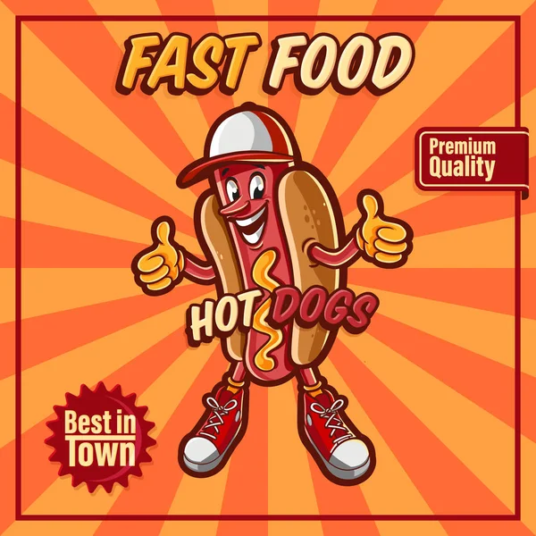 Colorful Vector Illustration Fast Food Logo Hot Dog Cartoon Character — Stock Vector