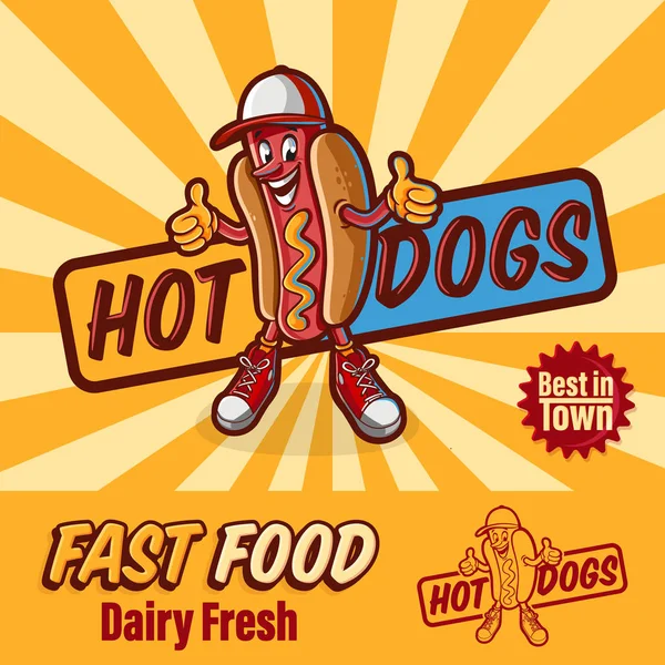 Ilustracja Wektorowa Kolorowe Logo Fast Food Hot Dog Postać Kreskówki — Wektor stockowy