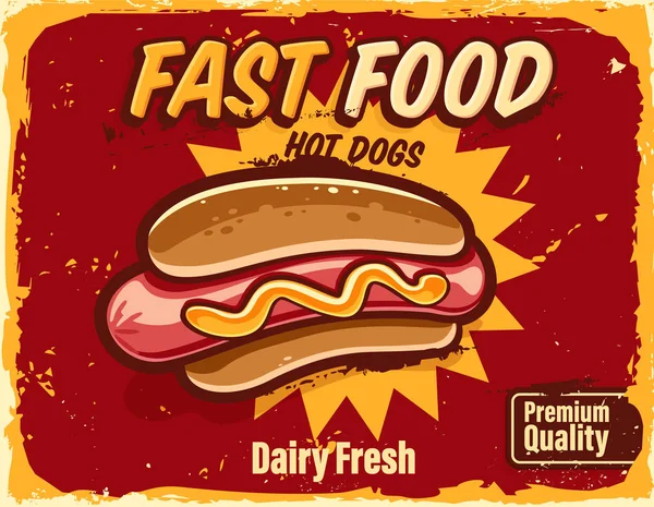 Illustrazione Vettoriale Colorata Fast Food Con Banner Vintage Hot Dog — Vettoriale Stock