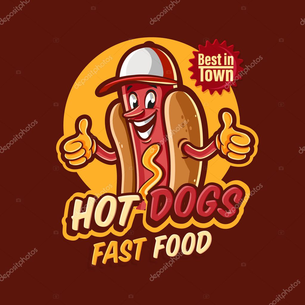 Colorful vector illustration for fast-food logo with Hot-dog cartoon character