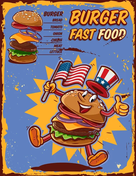 Illustrazione Vettoriale Colorata Logo Fast Food Con Personaggio Dei Cartoni — Vettoriale Stock