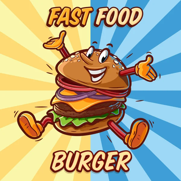 Bunte Vektorillustration Für Fast Food Logo Mit Burger Cartoon Figur — Stockvektor