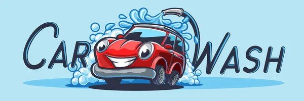 Ilustração Vetorial Automóvel Desenhos Animados Com Lettering Lavagem Carro — Vetor de Stock