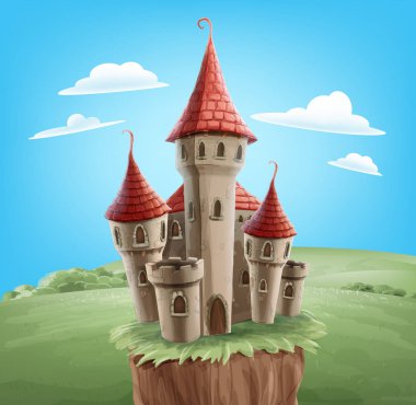 güneşli bir günde tepede antik karikatür ortaçağ kale 