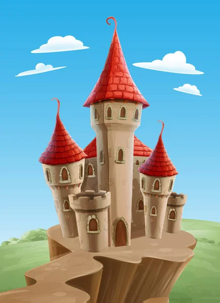 Ancient Cartoon Medieval Castle Hill Sunny Day — Stock Vector