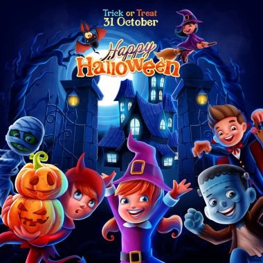 Sihirli kale nin arka planda ürkütücü canavarlar kostümleri neşeli çocuklar ile Halloween parti afişi