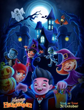 Büyülü orman ve kale arka planda ürkütücü canavarlar kostümleri çocuklar ile Cadılar Bayramı parti afişi