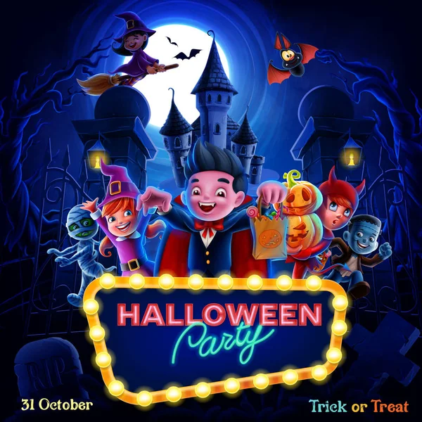 Halloween Party Plakat Mit Leuchtreklame Und Fröhlichen Monstern Auf Dem — Stockvektor