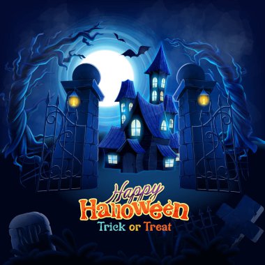 Eski mezarlık mezarları ve dolunay arka plan üzerinde uçan yarasalar ile sihirli ormanda karanlık ürkütücü kale ile Halloween poster
