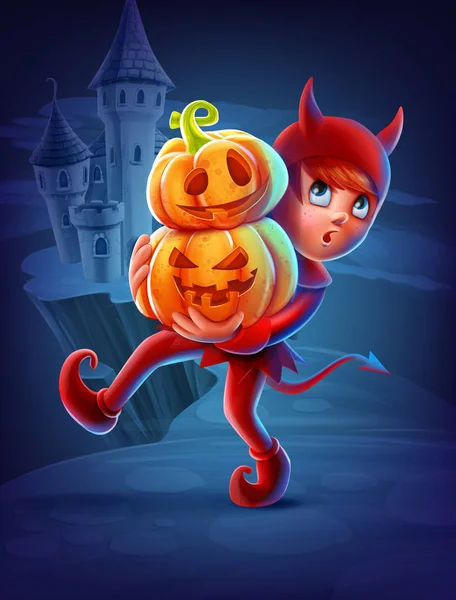 Devil Boy Carrying Jack Lantern Pumpkins Background Dark Spooky Castle — Stock Vector