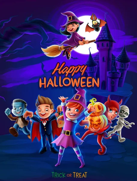 Crianças Fantasias Monstros Assustadores Reunidas Para Festa Halloween Cartaz Criativo —  Vetores de Stock