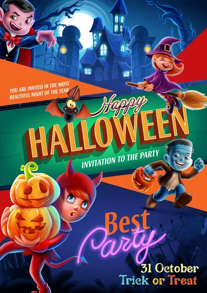 Szett Halloween Party Poszter Gyerekekkel Kísérteties Szörnyek Jelmezek — Stock Vector