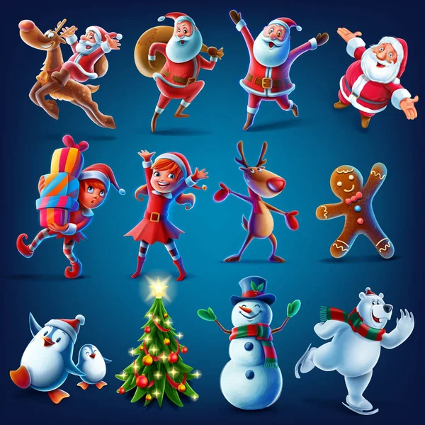 Elf Girls Reindeer Snowman Santa Claus Bag Presents Christmas Characters — Stock Vector