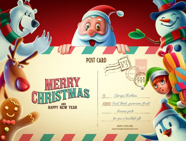 Santa Claus Personajes Navideños Sosteniendo Tarjeta Felicitación Feliz Navidad Ilustración — Archivo Imágenes Vectoriales