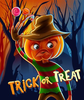 Cadılar Bayramı posterinde balkabağı kafalı ürkütücü bir karakter var.