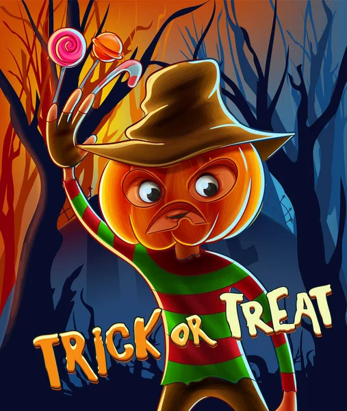 Trick Treat Απόκριες Αφίσα Ανατριχιαστικό Χαρακτήρα Κολοκύθα Κεφάλι — Διανυσματικό Αρχείο