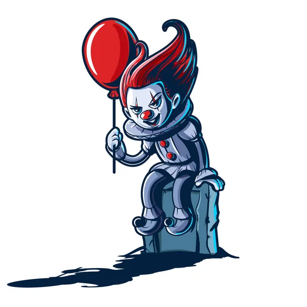 Happy Halloween Poster Creepy Clown Holding Red Balloon — Stock Vector
