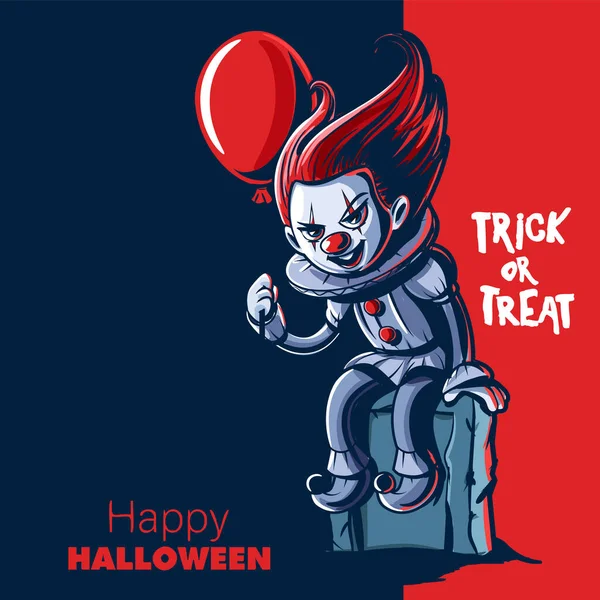 Cartaz Halloween Feliz Com Palhaço Assustador Segurando Balão Vermelho — Vetor de Stock