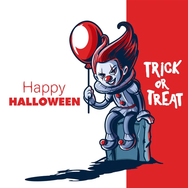 Χαρούμενη Αφίσα Halloween Ανατριχιαστικό Κλόουν Κρατώντας Κόκκινο Μπαλόνι — Διανυσματικό Αρχείο