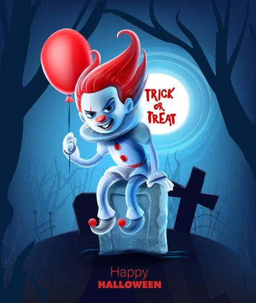 Szczęśliwy Plakat Halloween Upiornym Klaunem Siedzi Cmentarzu Trzymając Czerwony Balon — Wektor stockowy