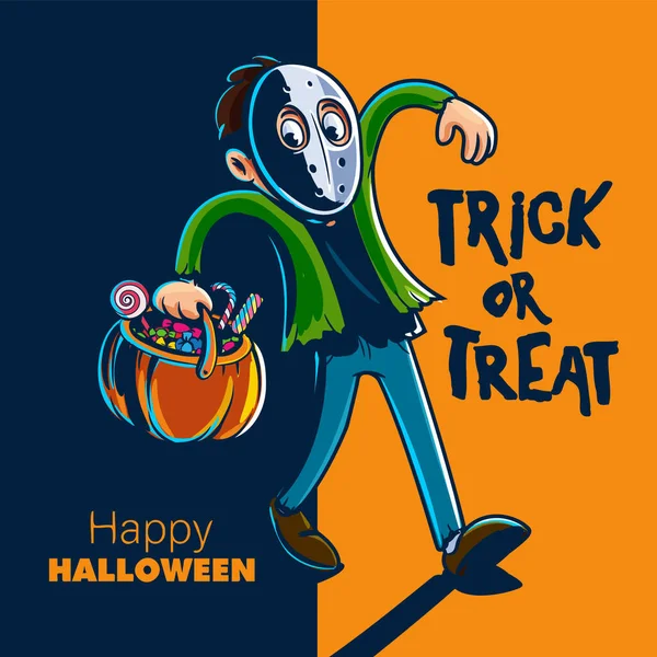 Halloween Κάρτα Τρομακτικό Χαρακτήρα Κρατώντας Καλάθι Κολοκύθας Κεράσματα — Διανυσματικό Αρχείο