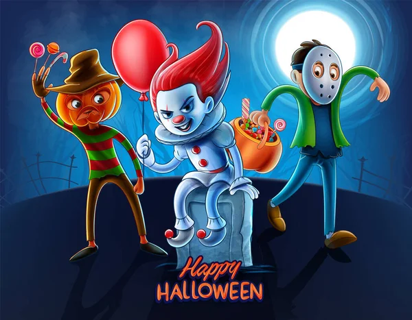 Joyeux Halloween Avec Des Personnages Effrayants Texte — Image vectorielle