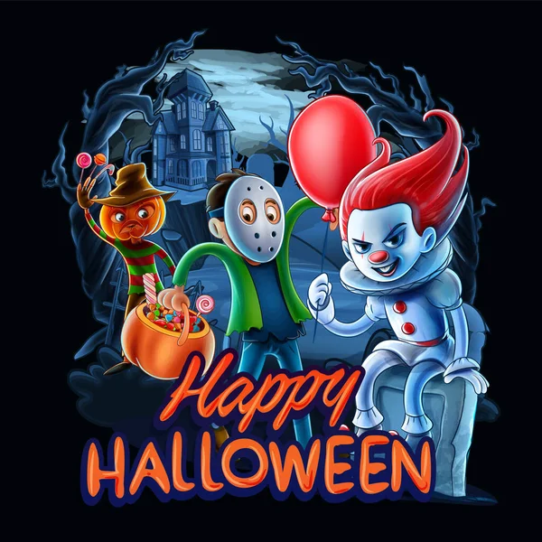 Gelukkige Halloween Met Spookachtige Personages Tekst — Stockvector