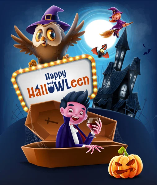 Dracula Dans Tombe Avec Verre Main Décor Halloween Avec Hibou — Image vectorielle
