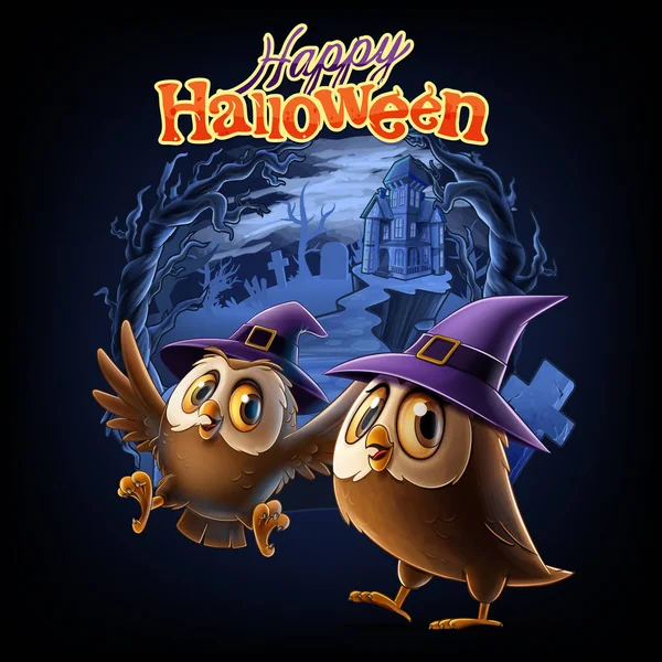 Corujas Com Chapéu Feiticeiro Noite Halloween Desenhos Animados — Vetor de Stock