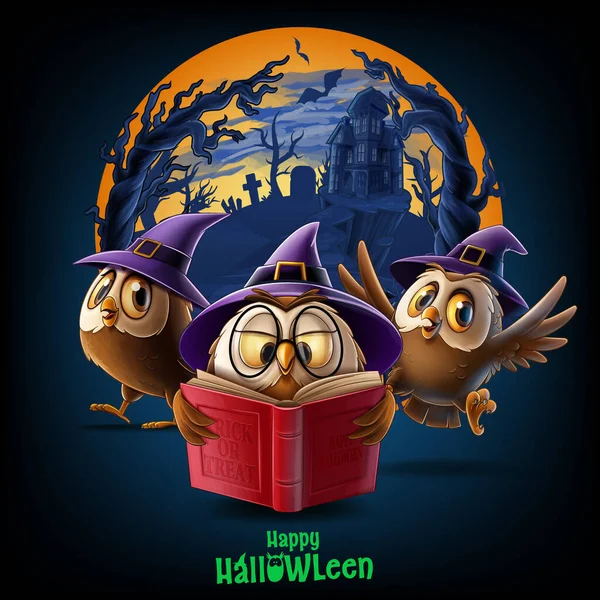 Hiboux Avec Chapeau Sorcier Dans Décor Horreur Halloween — Image vectorielle