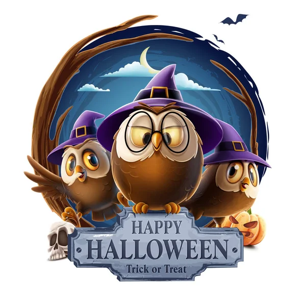 Halloween Illustration Avec Des Hiboux Sorciers Dans Cercle — Image vectorielle