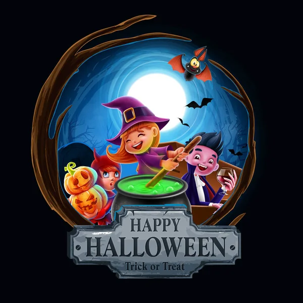 Gyerekek Halloween Jelmez Jelenet Temetőben — Stock Vector