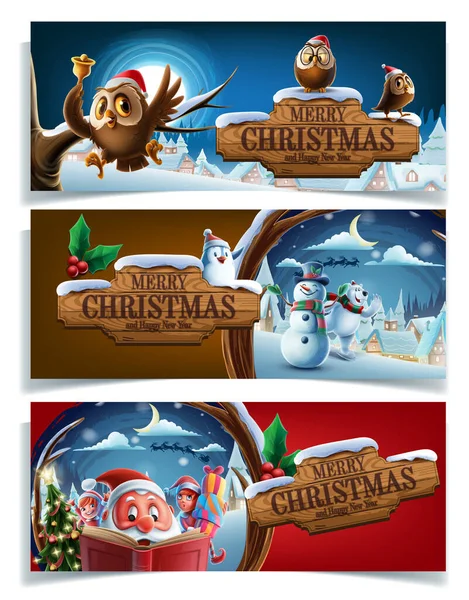 Conjunto Tarjetas Navidad Con Búhos Muñeco Nieve Santa Claus — Vector de stock