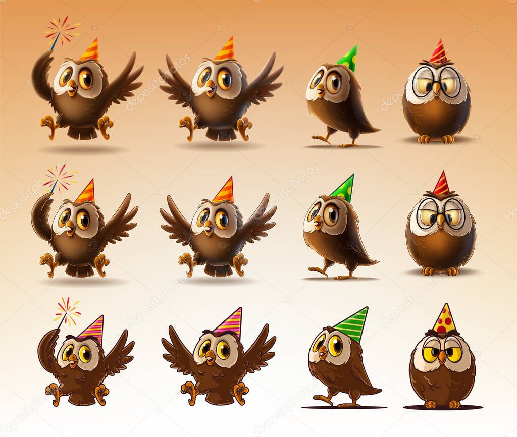 set of owls for happy birthday postcard