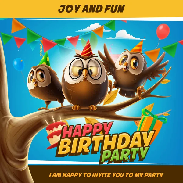 小猫头鹰用气球庆祝生日 — 图库矢量图片