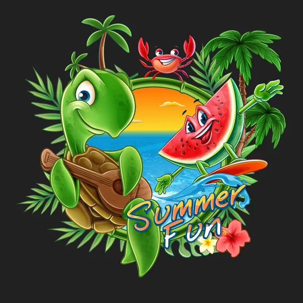 Tropical Summer Theme Watermelon Palms Turtle Crab — Stock Vector