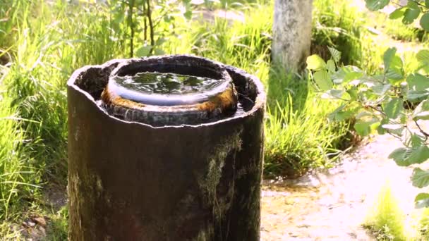 Uma fonte de água de nascente flui lentamente para fora de um tubo largo . — Vídeo de Stock