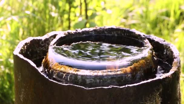 Wasser fließt langsam aus einem senkrecht gelegenen Rohr. — Stockvideo