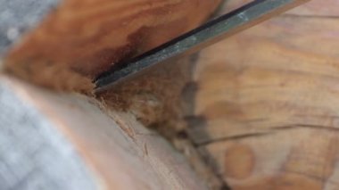 Bir marangoz keskisinin ahşap bir kulübeyi kazırken yakın plan çekimi..