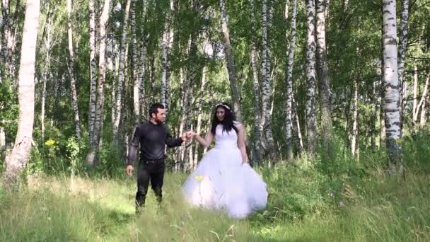 Yeni evliler yeşil bir parkta yürüyor.. — Stok video