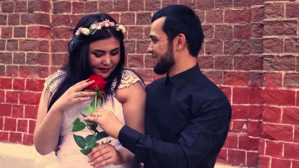 Brudgummen kramar försiktigt bruden. — Stockvideo