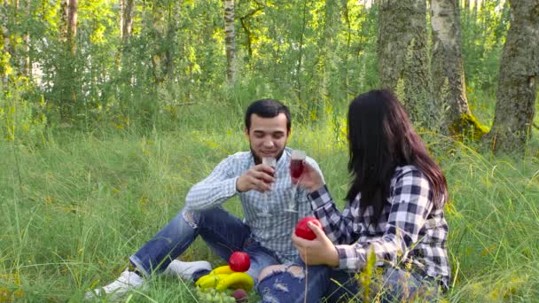 Giovane e bruna donna nel bosco a un picnic. — Video Stock