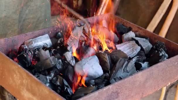 L'operaio mescola il carbone in fiamme con un poker. — Video Stock