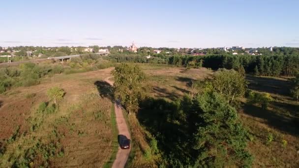 Veduta aerea del campo con la strada lungo la quale l'auto guida — Video Stock