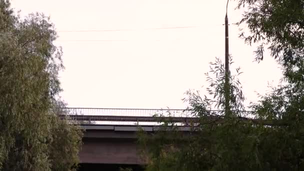 Onderaanzicht van de betonnen brug waarover auto 's rijden. — Stockvideo