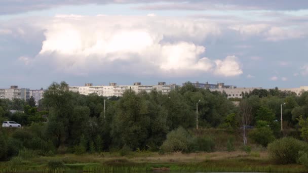 Panoramiczny widok na podmiejską drogę w gęstej zieleni. — Wideo stockowe