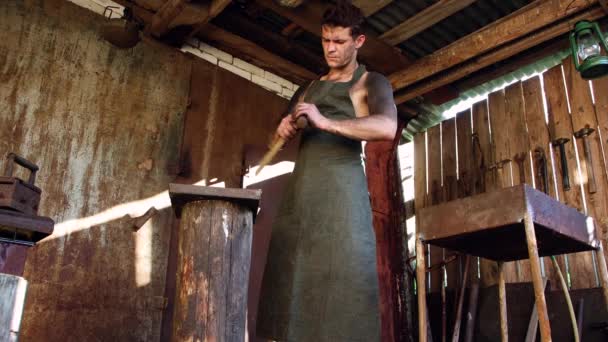 A kovácsnál kalapács van, kovácsolt vasból vagy acélból készít tárgyakat.. — Stock videók