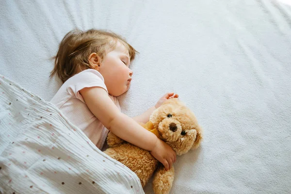 Küçük bebek yatakta uyuyan yumuşak oyuncak kucaklayan, boş alan